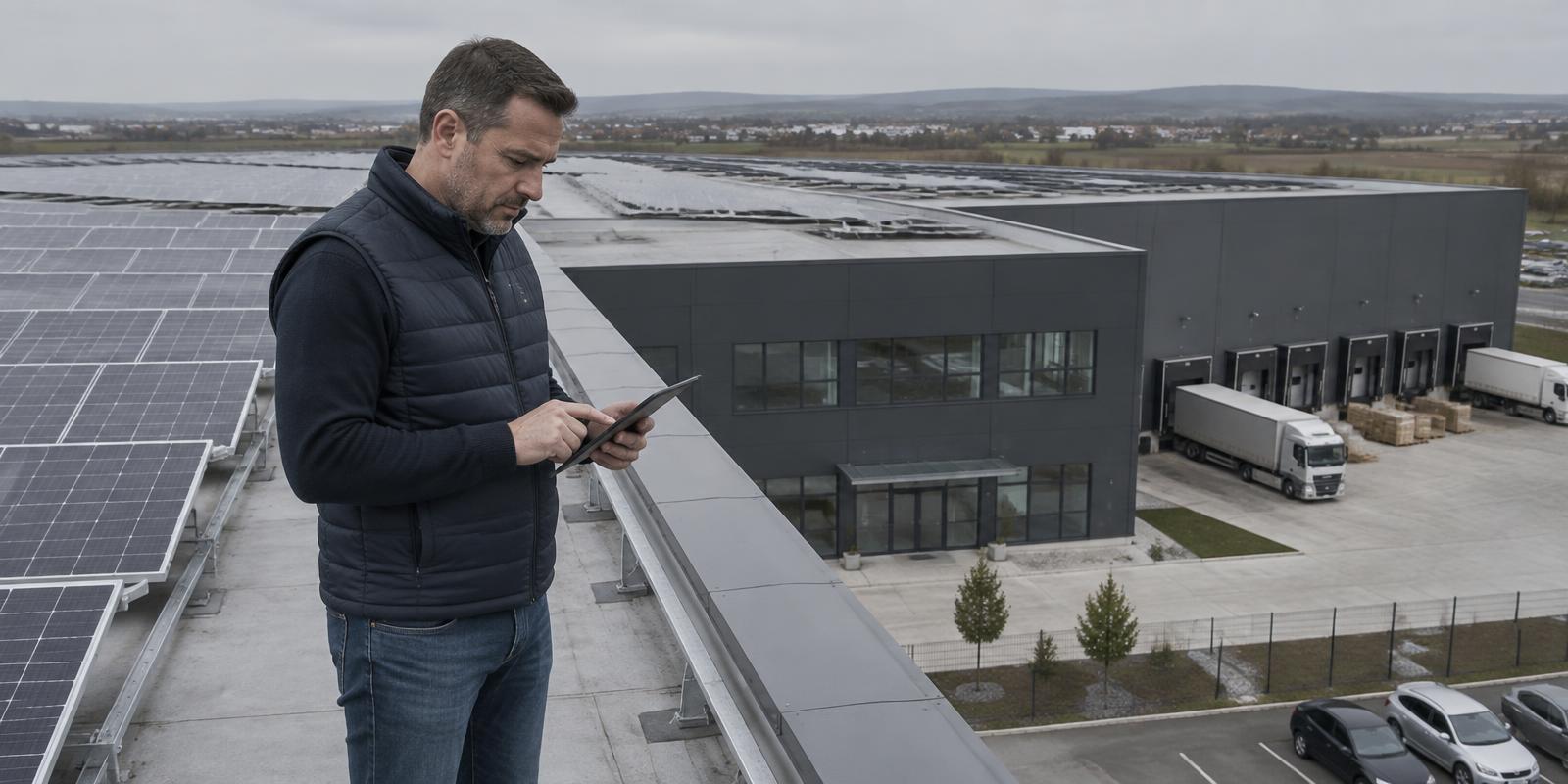 Antreprenor lângă instalația solară a firmei