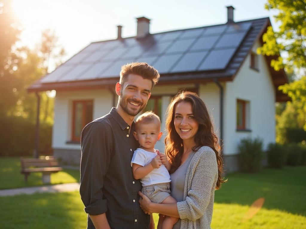 Familie fericită cu panouri solare
